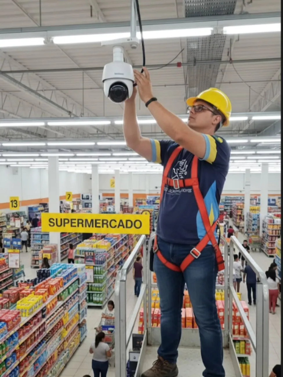 Trabalho técnico de instalação de câmera em ambiente comercial